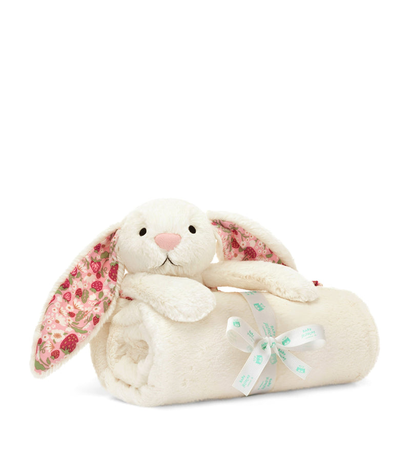 Jellycat Blossom Bunny blankie with strawberry ears, 56cm x 70cm, UK version