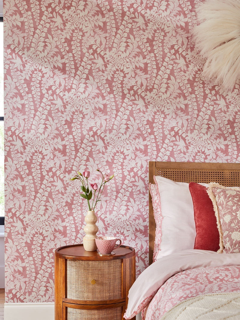 Roaming Leaf A4 wallpaper sample in raspberry pink (British brand)
