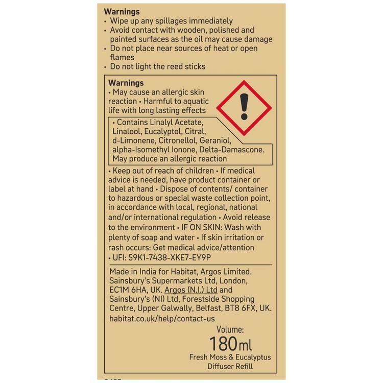 Habitat diffuser refill Fresh Moss Eucalyptus 180ml, UK version
