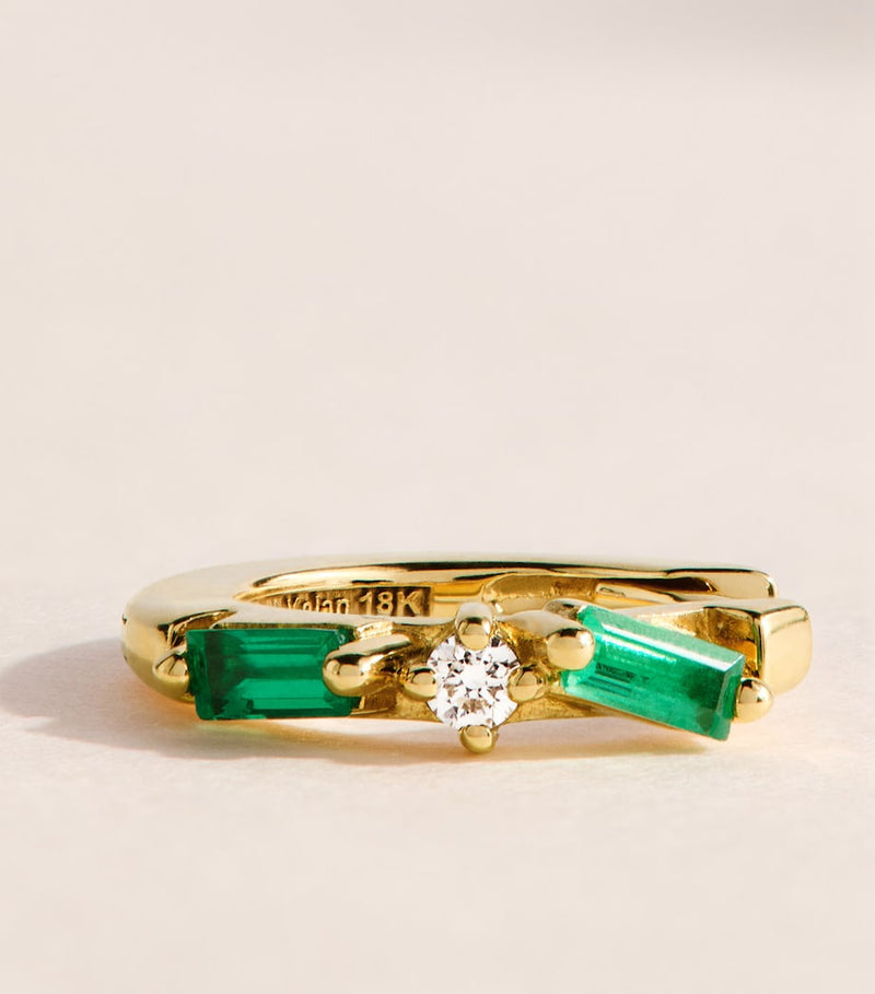 Suzanne Kalan yellow gold diamond emerald huggie earrings, imported from the UK