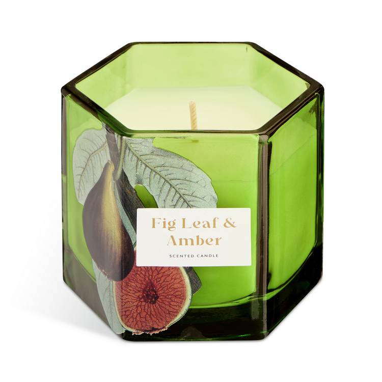 Argos Home fig leaf amber candle with green glass holder (British brand)