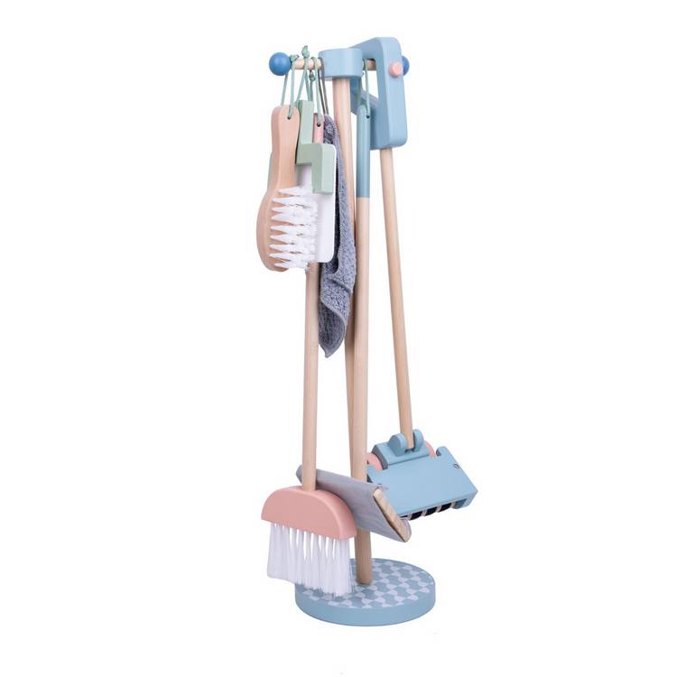 Chad Valley wooden cleaner toy set on stand - British product