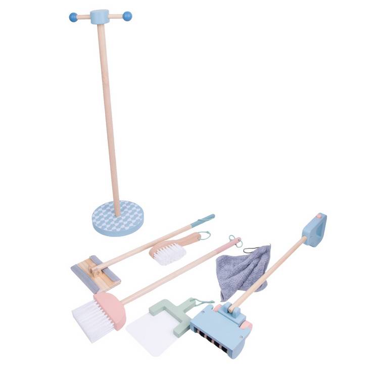 Chad Valley wooden cleaner toy set on stand - British product