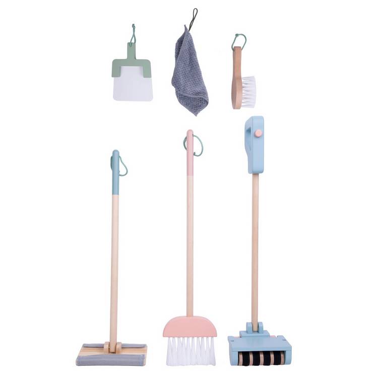 Chad Valley wooden cleaner toy set on stand - British product