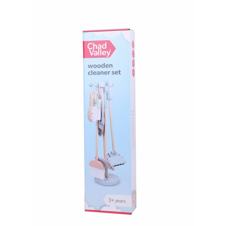 Chad Valley wooden cleaner toy set on stand - British product