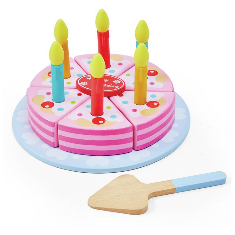 Chad Valley wooden birthday cake set with slices and candles - British product