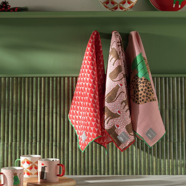 Habitat x Scion Christmas Lionel Leopard tea towels pack of 3, UK version