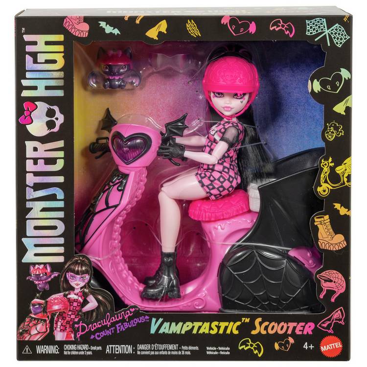 Monster High Draculaura doll scooter playset with pet bat, imported from the UK