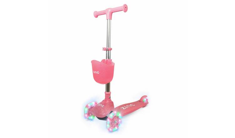 Zinc Jelly Glitter Pink Tri Scooter with light-up wheels, imported from the UK.