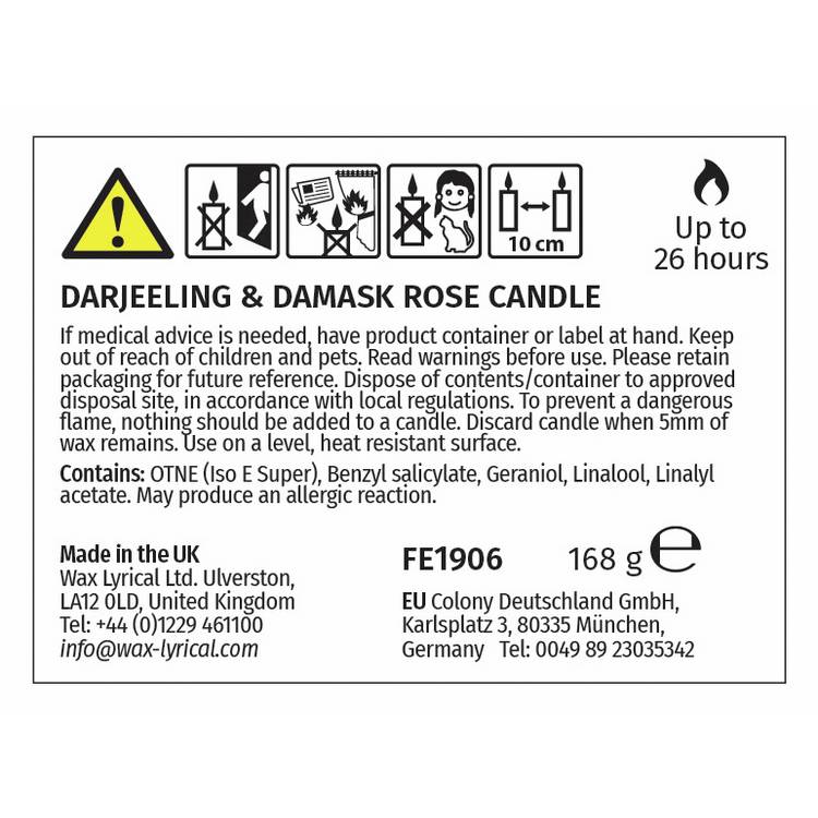 Fired Earth Darjeeling & Damask Rose singlewick candle, imported from the UK