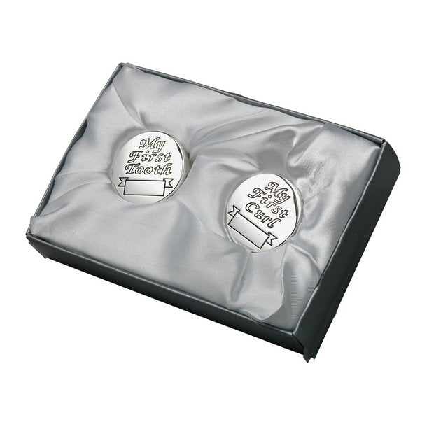 Bambino silver plated first tooth and curl boxes gift set (British brand)