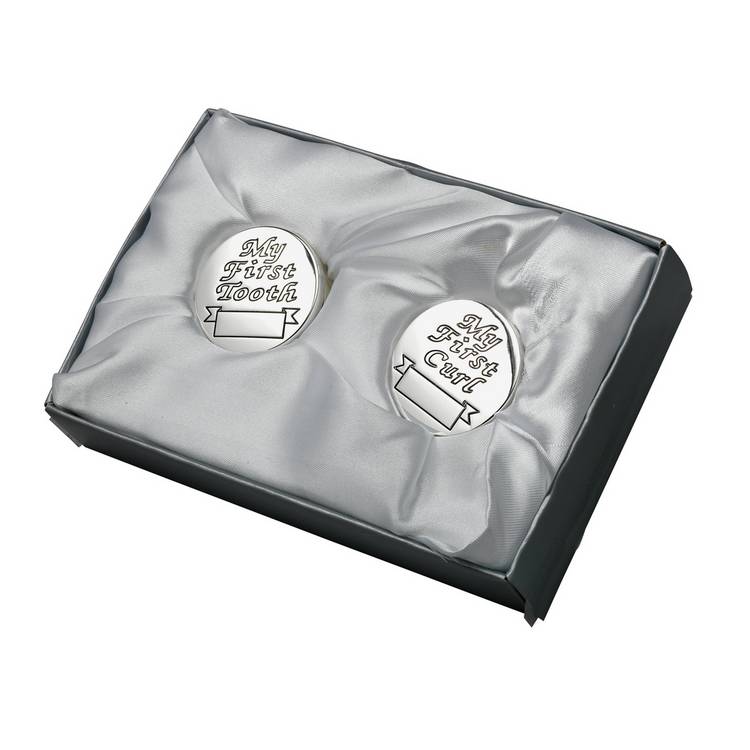 Bambino silver plated first tooth and curl boxes gift set (British brand)