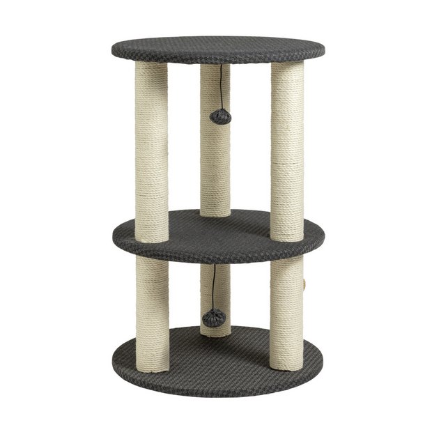 3-level cat scratch post with carpeted platforms and pompoms (British brand)