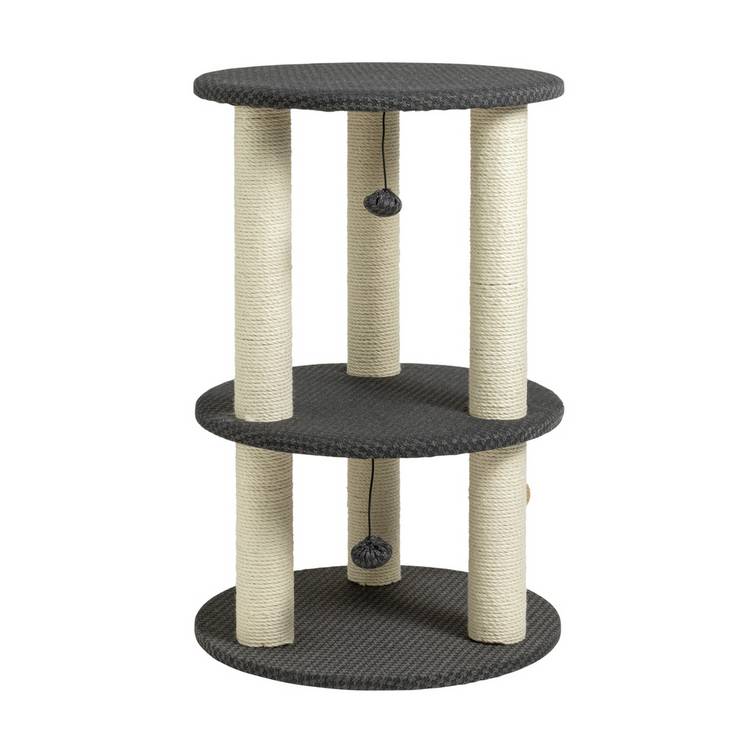 3-level cat scratch post with carpeted platforms and pompoms (British brand)