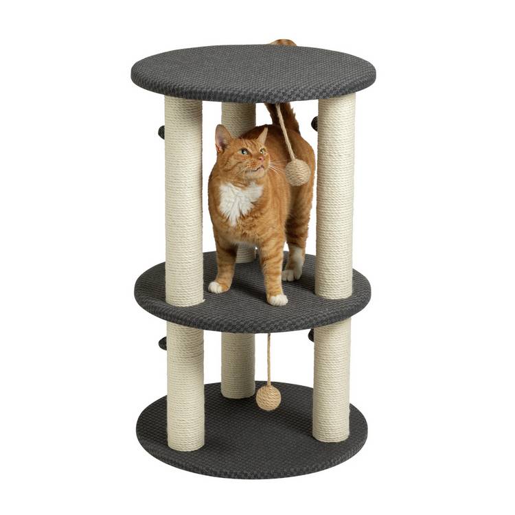 3-level cat scratch post with carpeted platforms and pompoms (British brand)