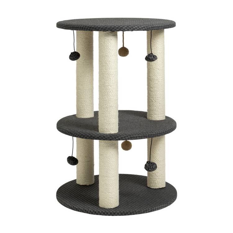 3-level cat scratch post with carpeted platforms and pompoms (British brand)
