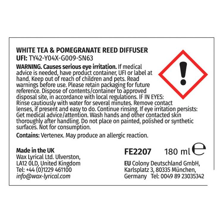Fired Earth reed diffuser White Tea & Pomegranate 180ml - British product