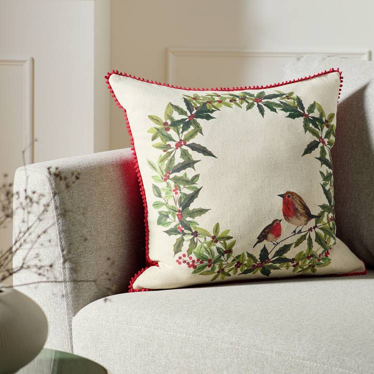 Argos Home robin wreath printed cushion 43x43cm, imported from the UK