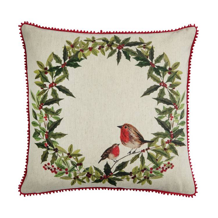 Argos Home robin wreath printed cushion 43x43cm, imported from the UK