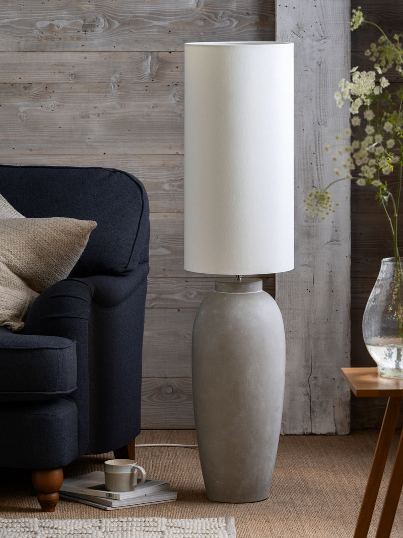 Lydford grey floor lamp with linen shade, imported from the UK