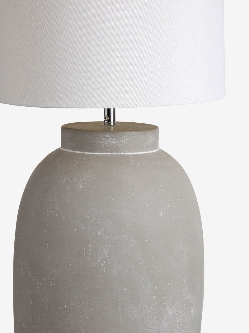 Lydford grey floor lamp with linen shade, imported from the UK