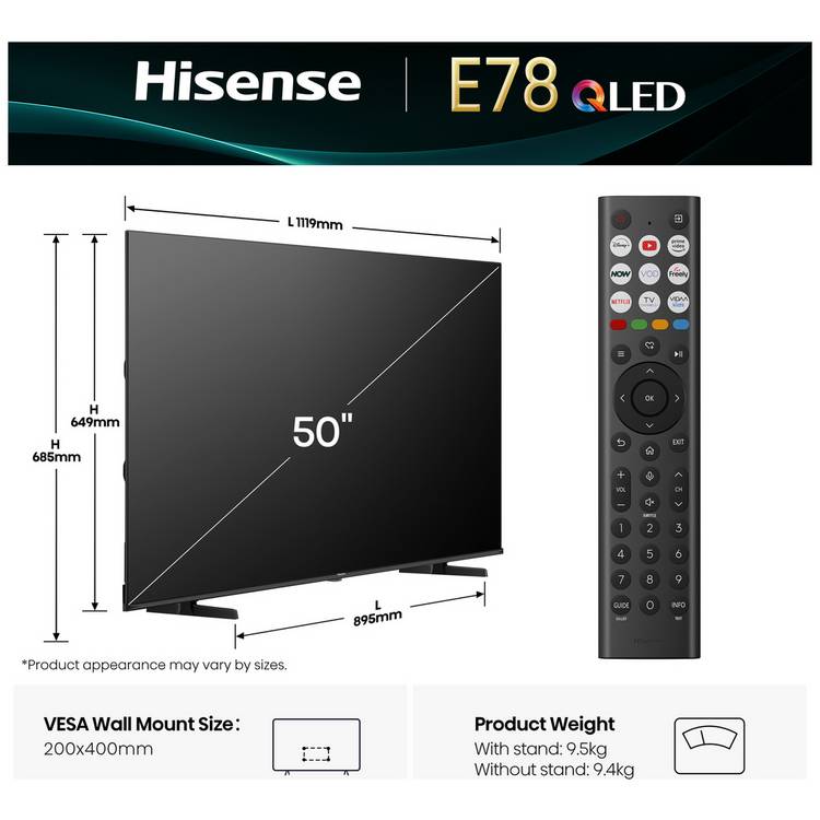 Hisense 50 inch QLED TV 50E78QTUK, imported from the UK
