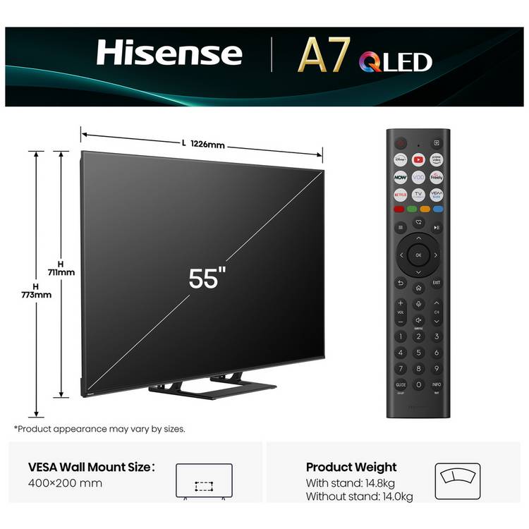 Hisense 55A7QTUK Smart 4K QLED TV 55 inch, UK version