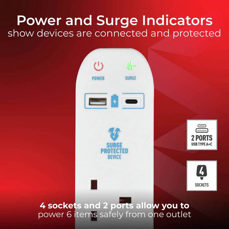 Masterplug 4 socket surge protected extension lead 2m with USB (British brand)