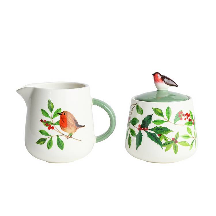 Argos Home stoneware sugar pot and creamer set with robin motifs, UK version