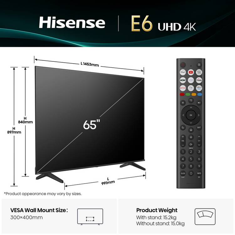Hisense 65E6QTUK Smart 4K TV 65 inch, imported from the UK