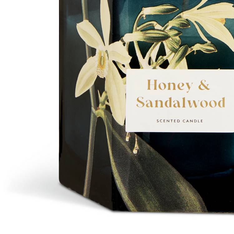 Argos Home honey and sandalwood candle in blue glass holder, imported from the UK