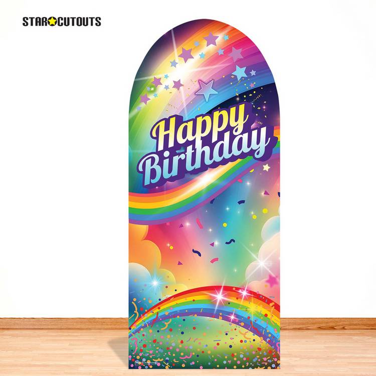 Rainbow birthday cardboard backdrop with star cutouts, UK version
