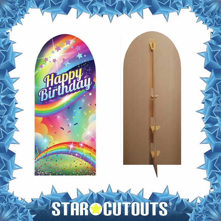 Rainbow birthday cardboard backdrop with star cutouts, UK version