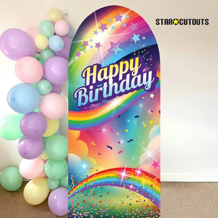 Rainbow birthday cardboard backdrop with star cutouts, UK version