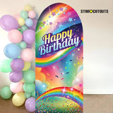 Rainbow birthday cardboard backdrop with star cutouts, UK version