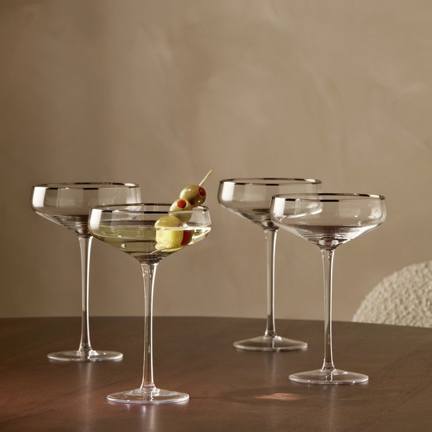 Argos Home champagne coupe glasses silver rim 200ml, imported from the UK