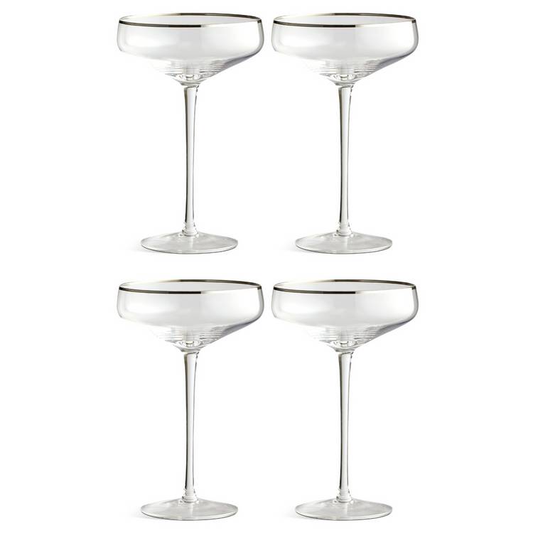 Argos Home champagne coupe glasses silver rim 200ml, imported from the UK