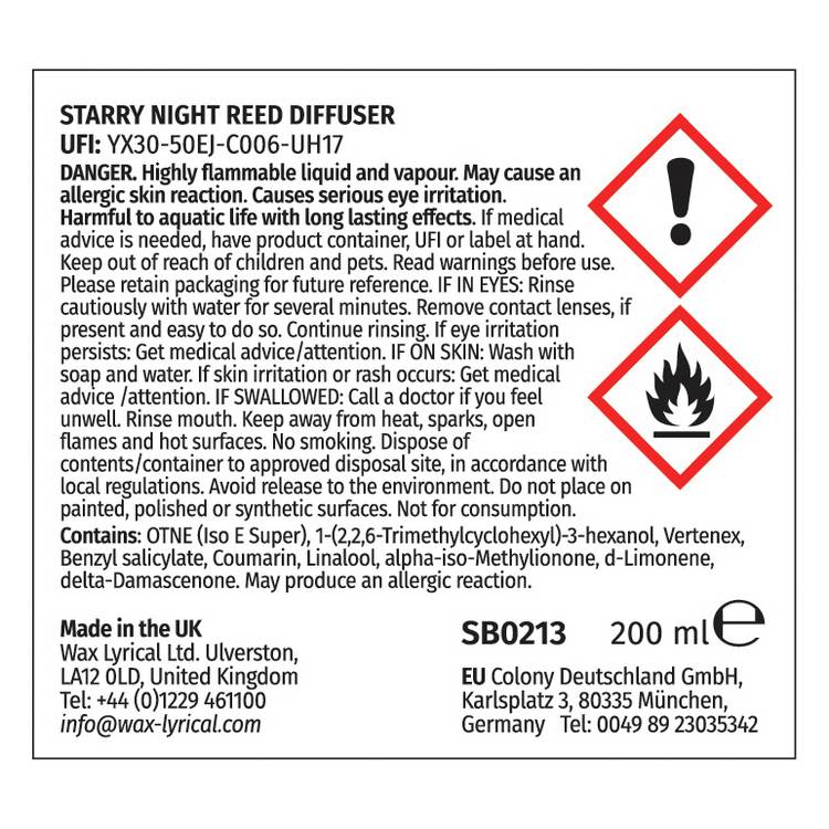Wax Lyrical reed diffuser Starry Night 200ml, imported from the UK
