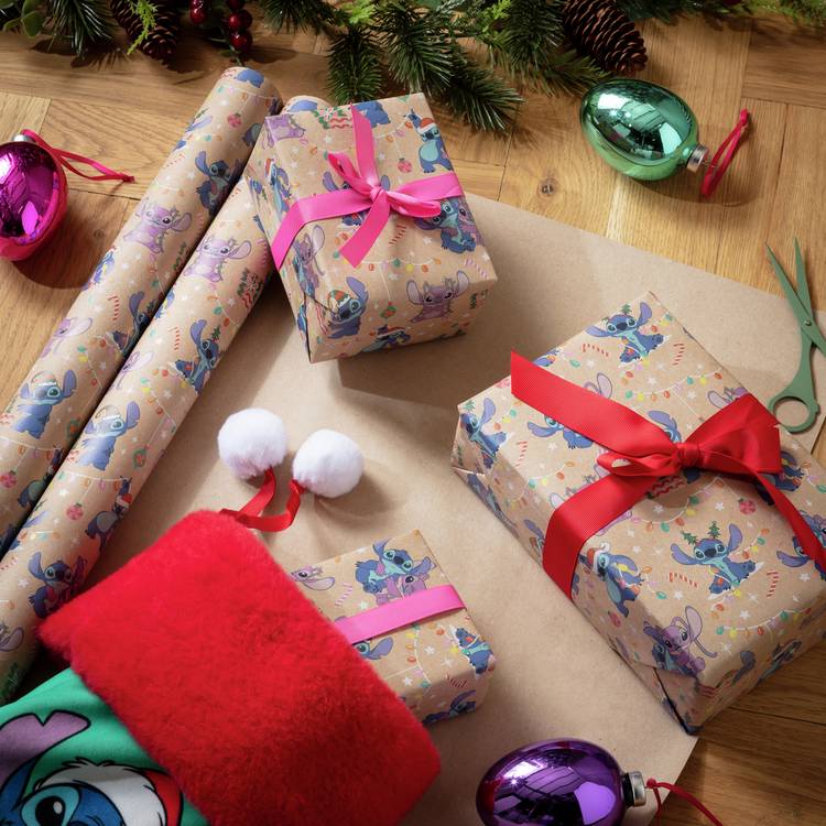 Argos Home Disney Stitch wrapping paper on kraft background 2 rolls 3m, UK version