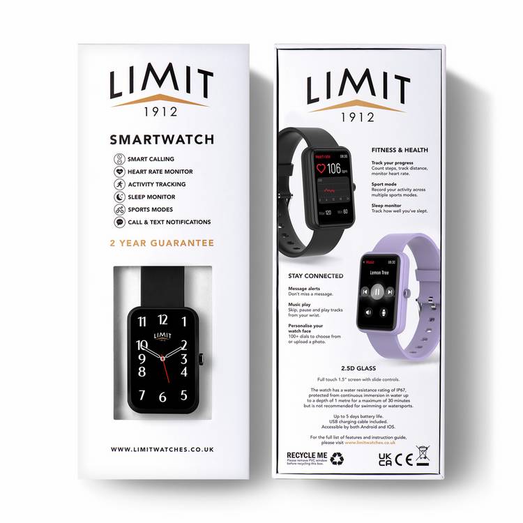Limit smartwatch black silicone strap 45mm (British brand)