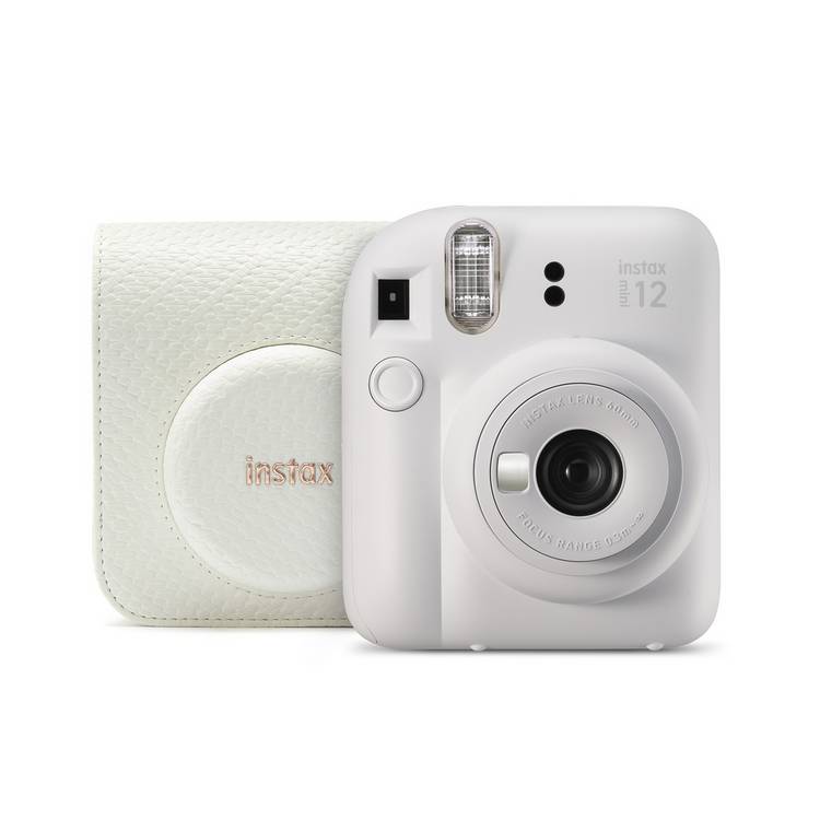 instax Mini 12 Clay White instant camera bundle, UK version