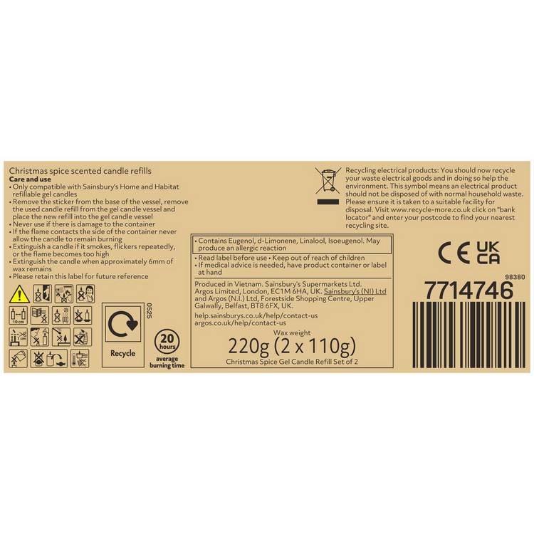 Argos Home gel candle refills Christmas Spice pack of 2, imported from the UK