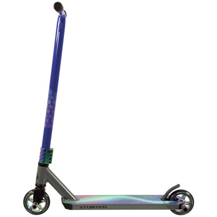 Stunted Flare stunt scooter with aluminium deck and neochrome details (British brand)