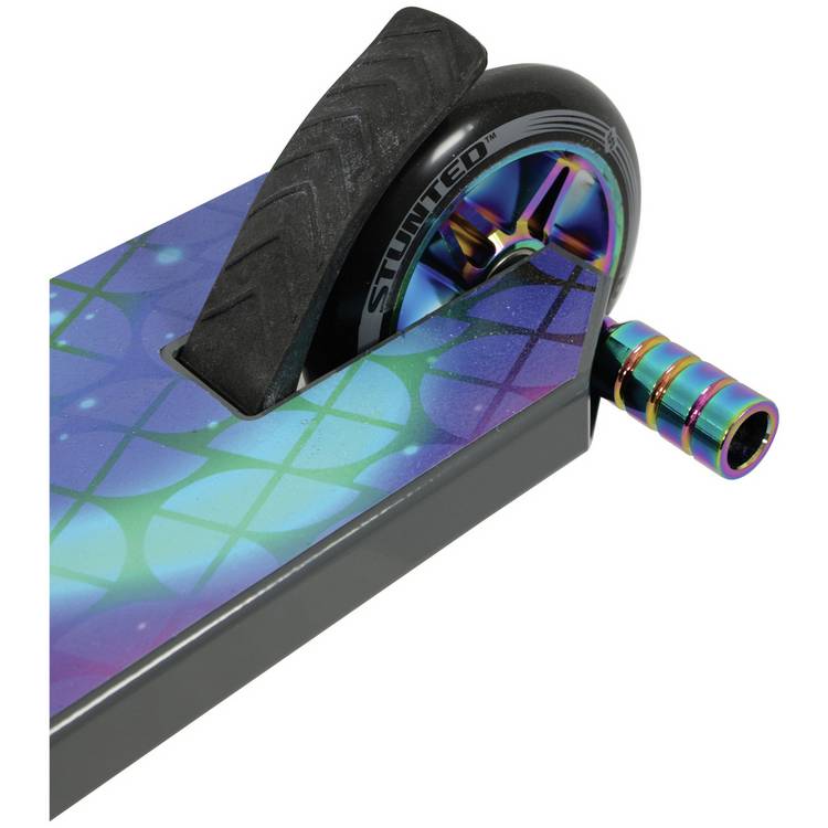 Stunted Flare stunt scooter with aluminium deck and neochrome details (British brand)