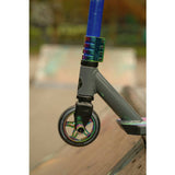 Stunted Flare stunt scooter with aluminium deck and neochrome details (British brand)