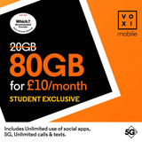 Argos VOXI Student 80GB 30 Day Pay As You Go SIM Card- Buy online at McGrocer