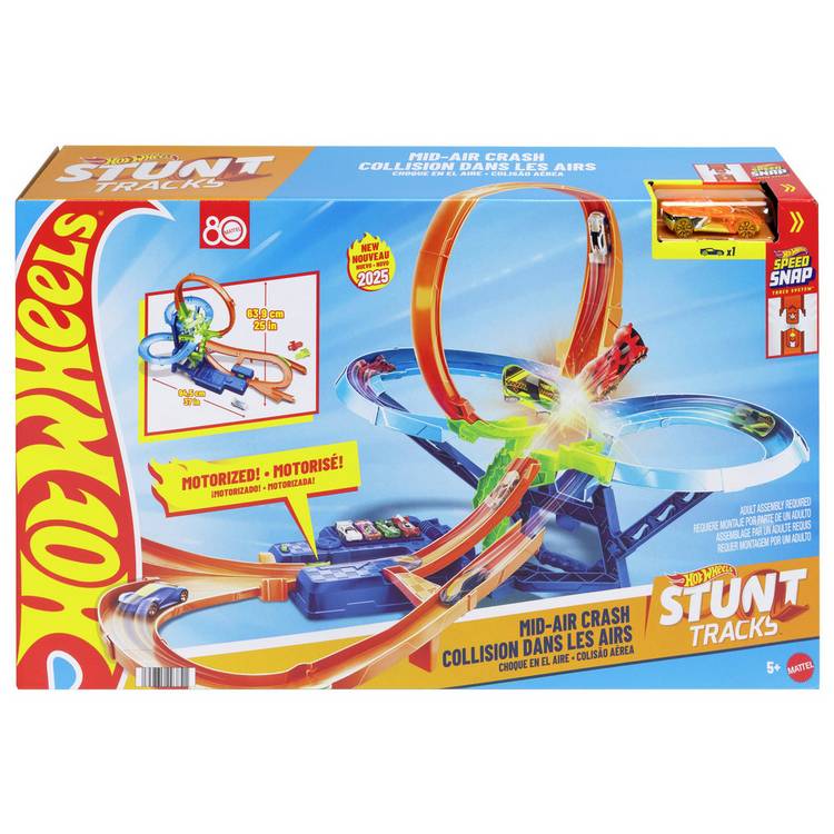 Hot Wheels stunt track playset with motorised booster and toy car (British brand)