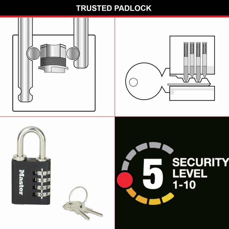 Master Lock combination padlock with override key, UK version