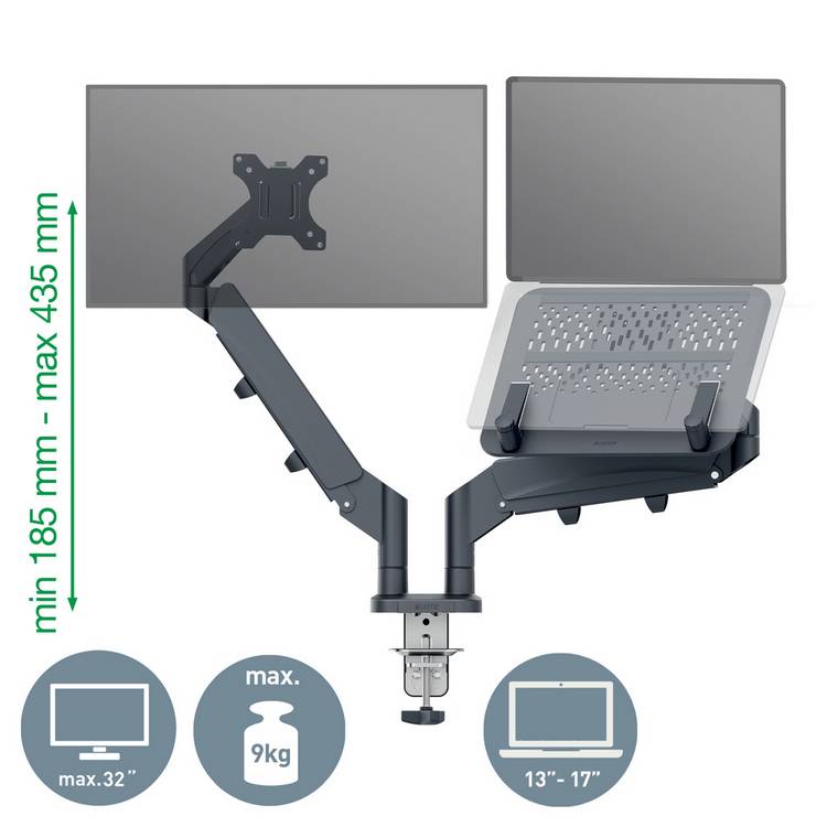 Leitz dual monitor and laptop arm dark grey - British product