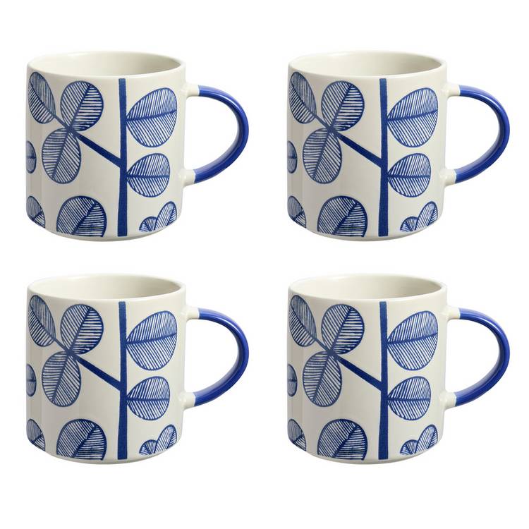Habitat blue leaf stoneware mugs set of 4 - British product